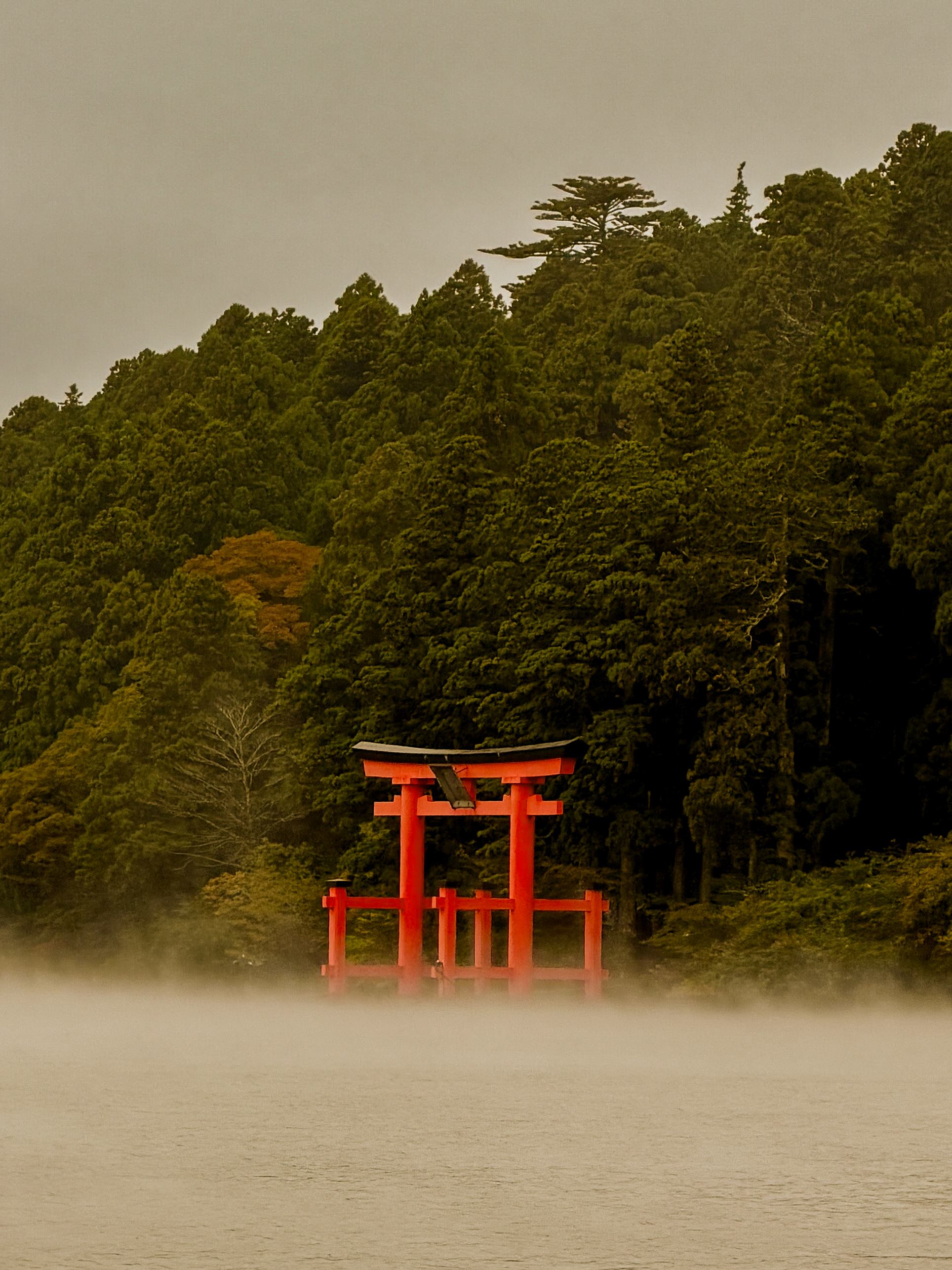 Hakone Shrine red torii gate rising from Lake Ashi