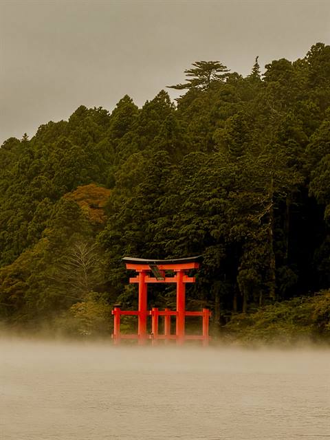 Hakone Shrine's torii gate in the water