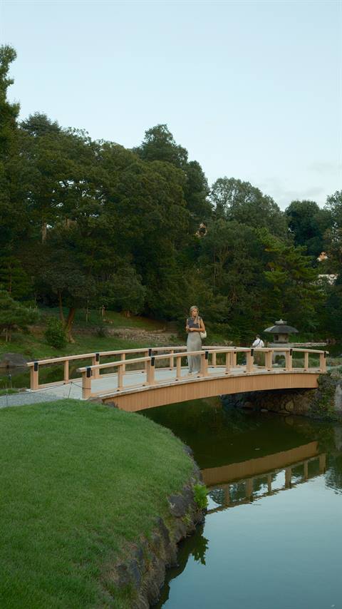 Wooden bridge in a Japanese nature setting