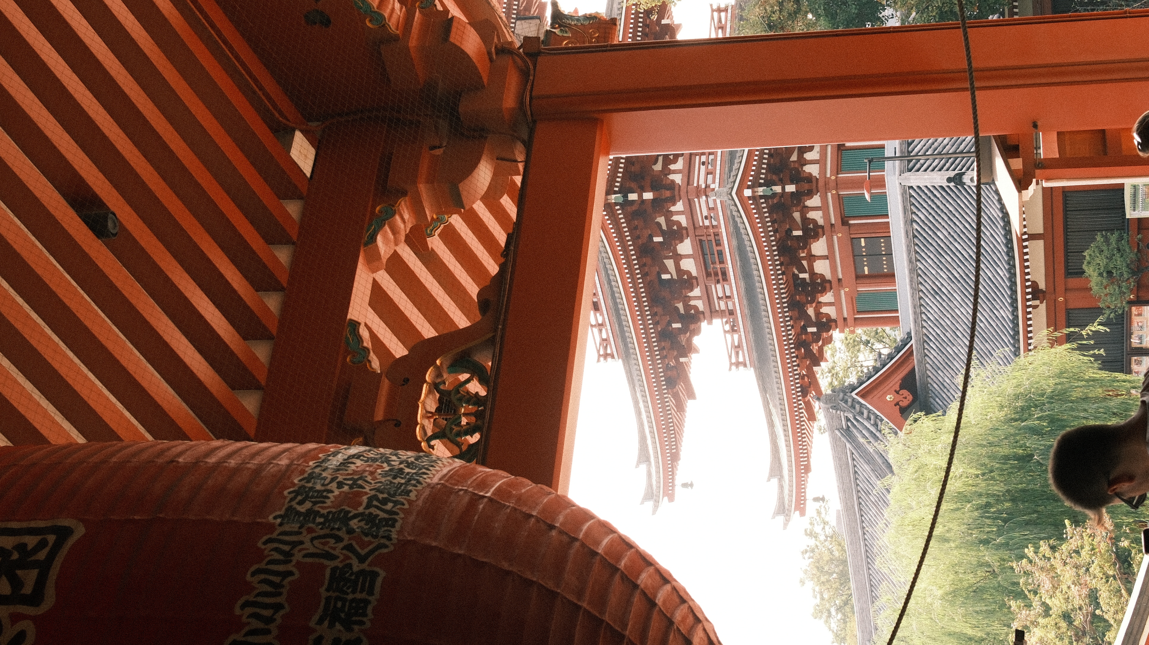 Sensō-ji Kaminarimon gate detail, red lacquered wood and lantern