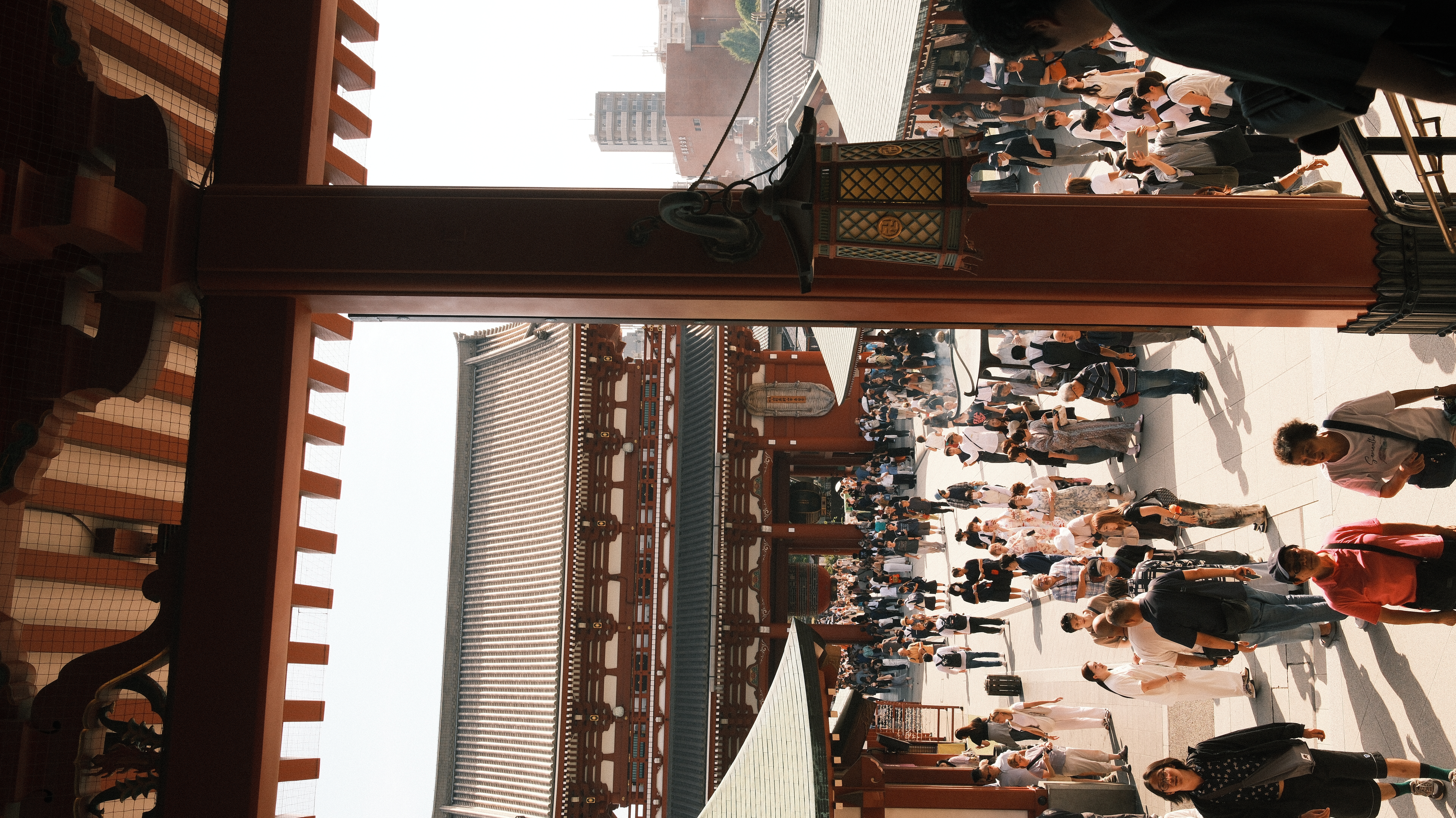 View from inside Sensō-ji gate looking toward the main hall, crowds