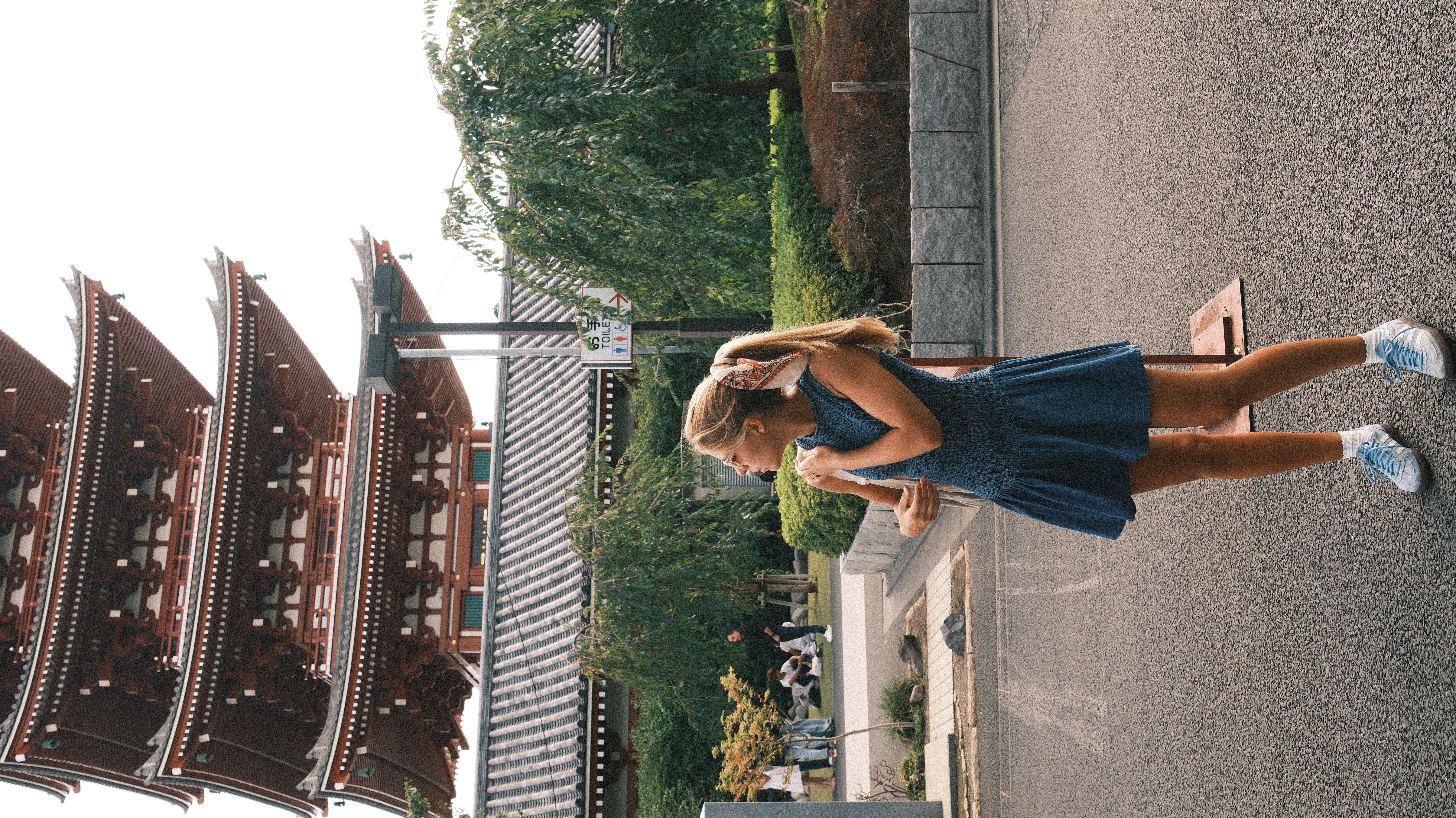 Maria walking past the Sensō-ji pagoda in Asakusa Tokyo