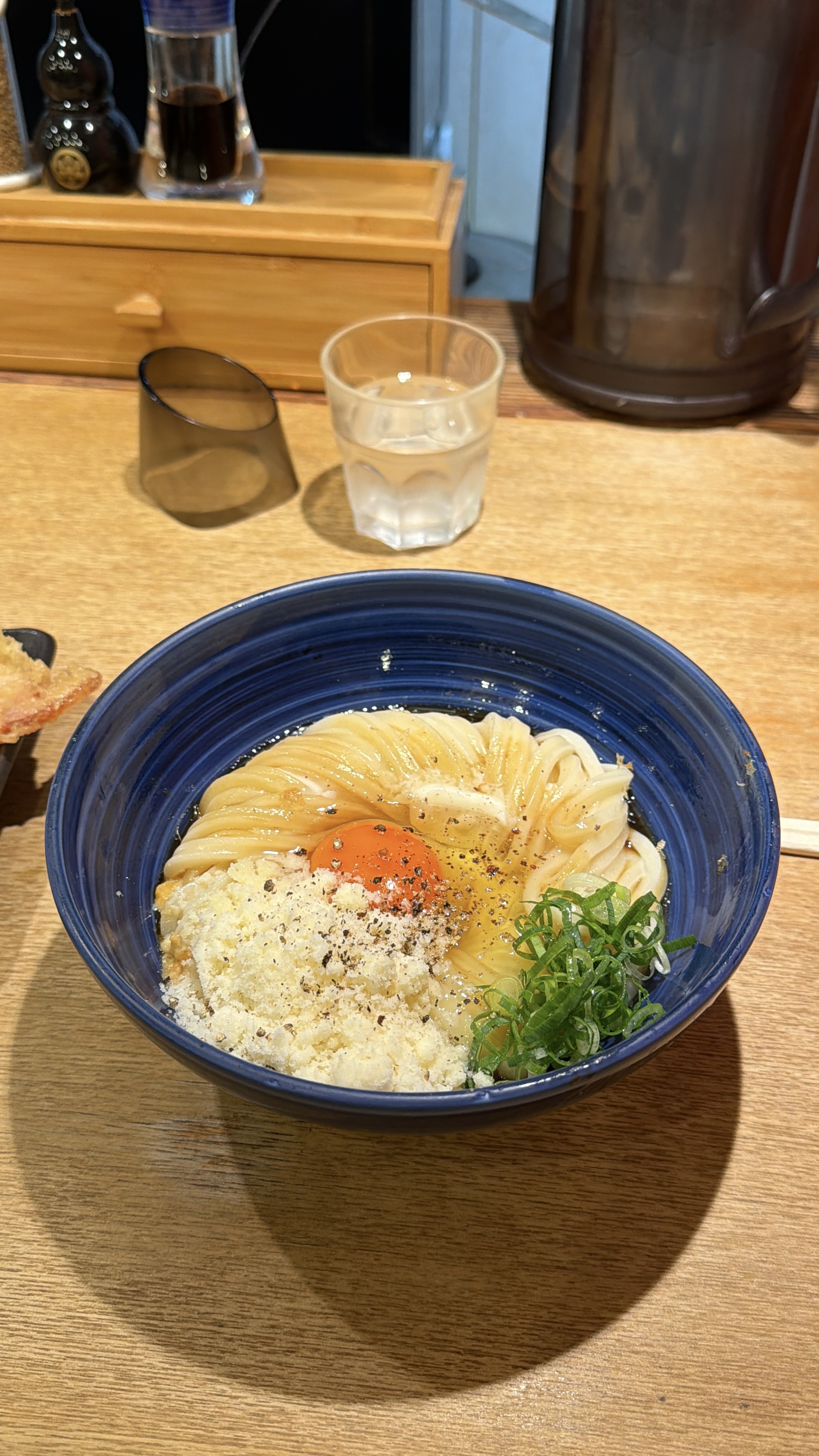 Udon noodle bowl with soft-boiled egg, Tokyo restaurant
